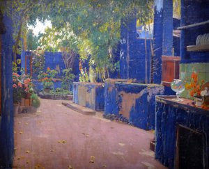 The Blue Patio - (El patio azul, Sitges) - Målning av Santiago Rusinol y (i) Prats (1861-1931) 1913. Barcelona (Barcelona) National Art Museum of Cataluna - Gusman/Leemage