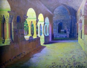 The Romanesque Cloister av Sant Benet de Bages - Målning av Santiago Rusinol y (i) Prats (1861-1931) 1907 Madrid, Banco Santander-samlingen.