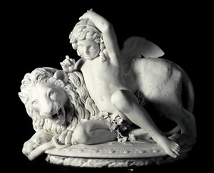 Love Mastering the Force Marble Sculpture av Santo Varni (1807-1885) 1865. Dim. 85x90x62 cm Från Prince Odon di savoias samling. Genes, Galleria d