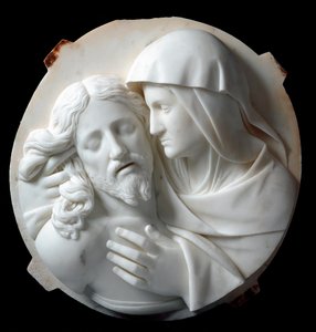 Pieta-marmorskulptur av Santo Varni (1807-1885) 1863-1870. Dämpa. 56x52x12 cm Från Prince Odon di savoias samling. Genes, Galleria d