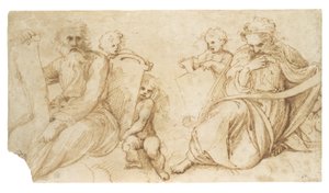 Två profeter med rullar sittande med putti som håller tabletter av Sanzio of Urbino Raphael