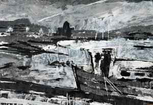 Förtöjning (s/v målning) av Sara Hayward