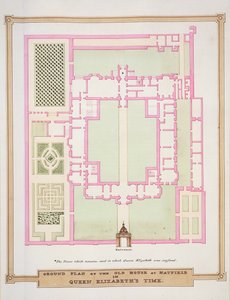 Grundplan för det gamla huset i Hatfield på drottning Elizabeths tid från "Memoirs of the Court of Queen Elizabeth", publicerad 1825 (wc och gouache på papper) av Sarah Countess of Essex