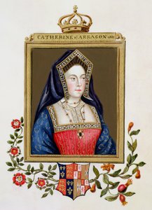 Porträtt av Katarina av Aragonien (1485-1536) 1:a drottningen av Henrik VIII från "Memoirs of the Court of Queen Elizabeth", publicerad 1825 (wc och gouache på papper)