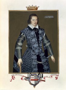 Porträtt av Robert Devereux (1566-1601) 2nd Earl of Essex från Memoirs of the Court of Queen Elizabeth efter oljan av Sir William Segar (fl.1913-d.1633) publicerad 1825 (wc och gouache på papper)