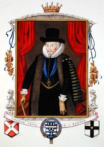 Porträtt av Sir Thomas Cecil (1542-1623) 1:e earlen av Exeter, 2nd Lord Burghley från "Memoirs of the Court of Queen Elizabeth", publicerad 1825 (akvarell och gouache på papper) av Sarah Countess of Essex
