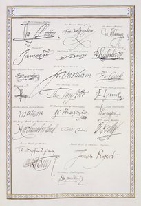 Reproduktion av Tudors och deras hovs signaturer från "Memoirs of the Court of Queen Elizabeth", som publicerades 1825 (penna och bläck på papper). av Sarah Countess of Essex