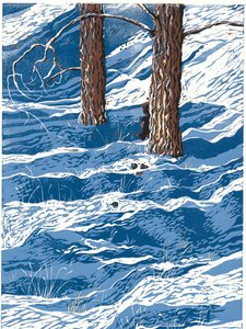 Snöfall under våren, 2016 (Linoleumsnitt) av Sarah Drummond