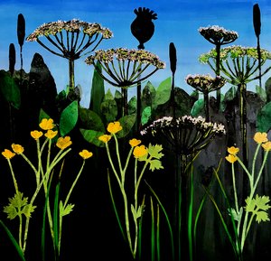 Smörblommor 2020 (akryl ombord) av Sarah Thompson-Engels