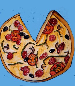 Pizza, 2017, (monotryck med bläck) av Sarah Thompson-Engels