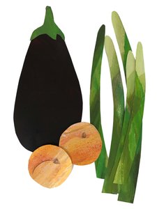 sparris, aprikoser, aubergine, 2019 (collage)