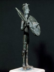 Nuragisk kultur (nuraghi) Sardinian: bronsstaty av Teti-krigaren från Arcosubergen. 700-talet f.Kr. Storlek 24 cm Cagliari, National Archaeological Museum, Sardinien, Italien