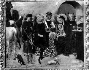 The Adoration of the Magi (tempera på panel) (s/v foto)