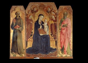 Jungfrun och barnet omgiven av sex änglar. Runt: Sankt Antonius av Padua (san antonio di padova) och Sankt Johannes evangelisten. Altartavla av Stefano di Giovanni Sassetta (1392 - 1450)
