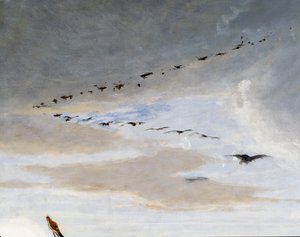 Fåglar i V-formation, detalj från Marius triumf, målning av Francesco Saverio Altamura (1822-1897), olja på duk, 234x352 cm, Italien