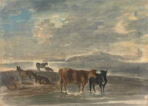 Hästar och kor i ett kuperat landskap av Sawrey Gilpin