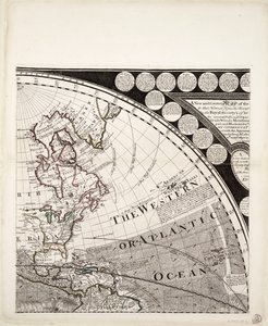 En ny och riktig världskarta (utsnitt), ca 1774 (kolorerad gravyr)