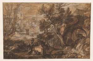 Landskap med en herde vid en antik sarkofag av Sébastien Bourdon (attributed to)