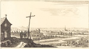 Landskap med kyrka och stad på avstånd