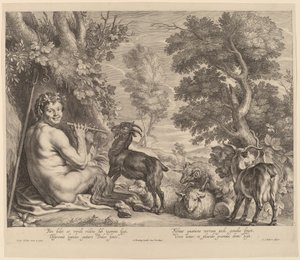 Pan spelar flöjt av Schelte Adams Bolswert after Jacob Jordaens