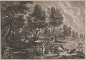 Gårdslandskap med jägare och mjölkpigor av Schelte Adams Bolswert, after Sir Peter Paul Rubens