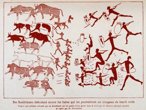 Boschimaner försvarar en flock oxflugor mot kassan, efter en målning utförd av en boschiman på väggarna i en grotta i närheten av Hermon (Södra Afrika)