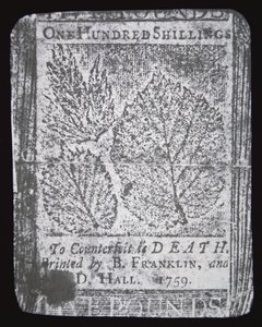 En sedel på 100 shilling designad och tryckt av Benjamin Franklin 1759 (litho) av School American