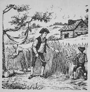 En familj som skördar majs (litho) av School American