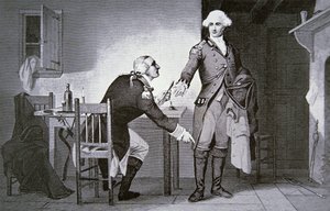 Amerikansk förrädare: General Benedict Arnold instruerar Andre att gömma papper i sin stövelöverdel (litho)