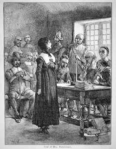 Anne Hutchinson åtalas för att ha kränkt det puritanska prästerskapet i Massachusetts (litho)