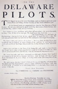 Faksimile av tillkännagivandet från Philadelphia-patrioterna till Delaware-piloterna som varnar dem att inte ta itu med det brittiska teskeppet, 7 december 1773 (litho) av School American