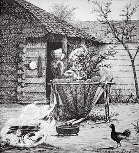 Gårdsscen - en kvinna vid ett tvättkar, efter en illustration av J. S. Hodgson (litho) av School American
