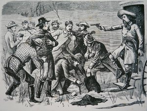 Fyra banditer övermannar och plundrar två officerare och sju soldater nära Bismarck, Dakota-territoriet, från 