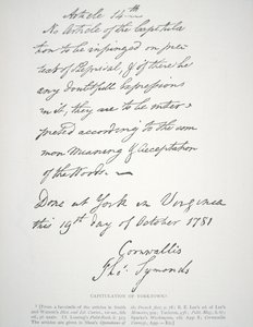 Capitulationsbrev från Yorktown, undertecknat av Lord Cornwallis av School American