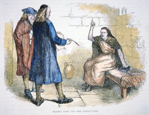 Martha Corey anklagas för häxkonst under häxprocesserna i Salem 1692 (färg litho)