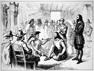 Massasoit, chef för Wampanoag-folket, förlänger fredsröret till John Carver 1621 (lito)