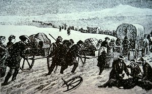 Mormonvagnståg i en snöstorm på väg mot Salt Lake City, Utah (gravyr) av School American