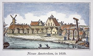 New Amsterdam (senare New York) på Manhattan Island, från en vy publicerad 1659 (färg litho)
