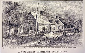 Bondgård i New Jersey byggd 1676, efter en teckning från 1886 av E. J. Meeker (litho) av School American