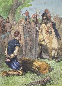 Pocahontas räddar livet på John Smith (färgad gravyr)