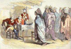 Pontiac besöker major Gladwin i Fort Detroit 1763 (färg litho)
