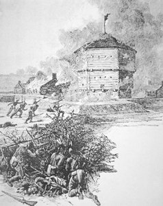 Belägring av Fort Detroit av Pontiac, chef för Ottawa-stammen våren 1763 (litho)