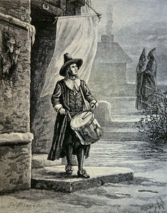 Puritanernas kyrkklocka var en trummis (litho) av School American