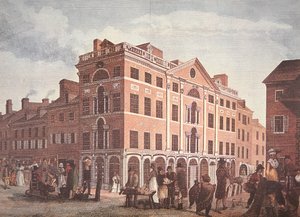 Hörnet av Third and Market Streets, Philadelphia (färg litho) av School American