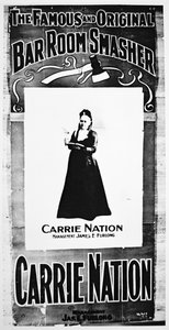 Teateraffisch som föreställer Carry Nation (1846-1911) som håller sin destruktiva yxa (litho) av School American