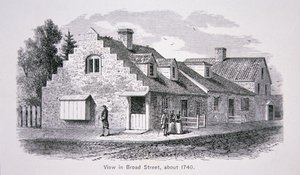Utsikt över Broad Street, New York City ca 1740 (litho) av School American