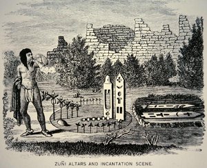 Zuni Tribesman blåser pollen över en Pueblo-helgedom (gravyr) av School American