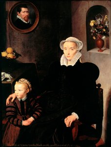 Porträtt av smedens och målarens hustru från Antwerpen Quenston med sitt barn. Mamman klädd i svart, bär krage och huvudbonad. Målning av skolan i Antwerpen. 1576 Dim. 136x108 cm Paris, Louvren av School Antwerp