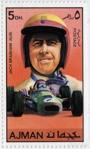 Emirates Arab Units stämpel som representerar den australiensiska bilföraren Jack Brabham (född 1926)