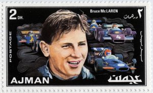 Emirates Arab Units stämpel som representerar den neozelandesiska bilföraren Bruce Mclaren (1937-1970) av School Arabic